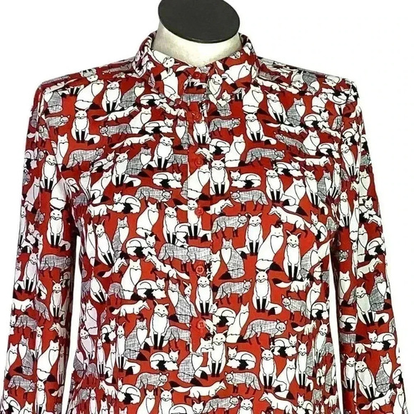 Ann Taylor Top Women L Multicolor Fox Print Half Button Tunic Roll Tab Sleeve - Picture 2 of 9